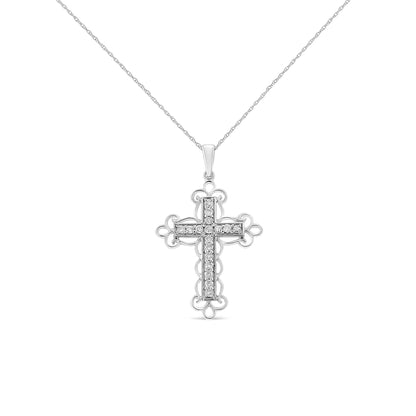Front view of white metal cross necklace pendant set with round white gemstones in prong settings on a chain.