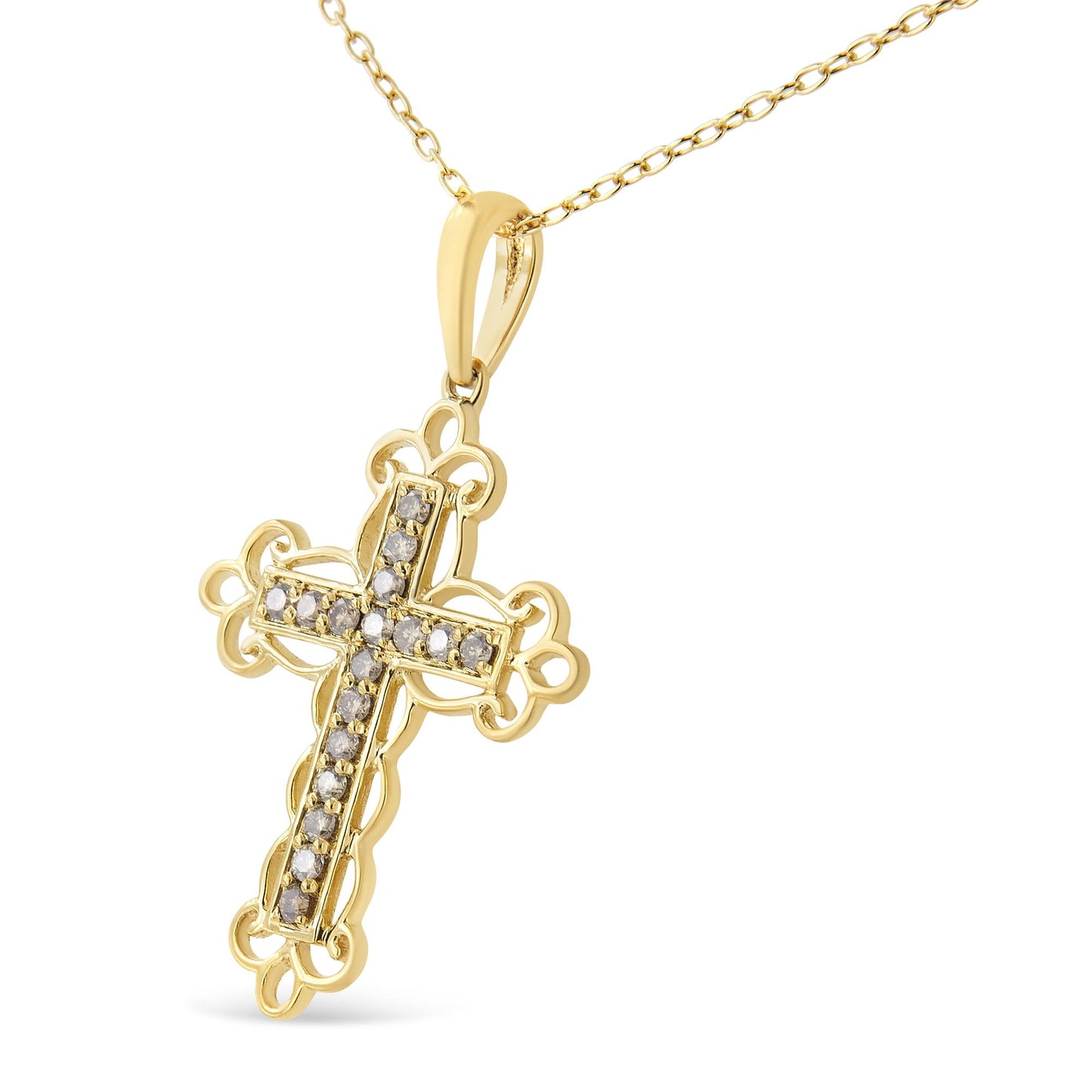 Yellow metal cross-shaped necklace pendant with round prong-set brownish gemstones, photographed at an angle on a white background.