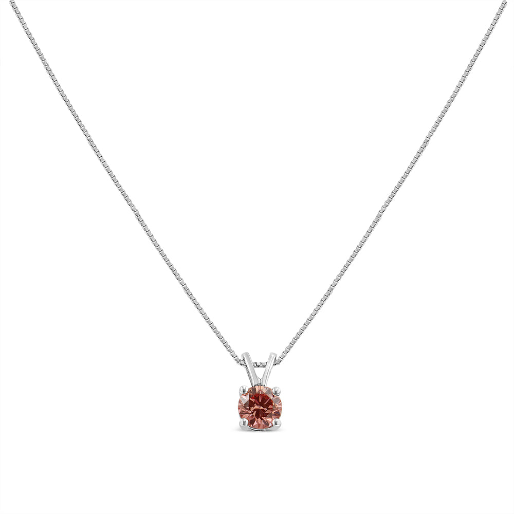 Front view of a white necklace with a single pink round gemstone in prong setting.