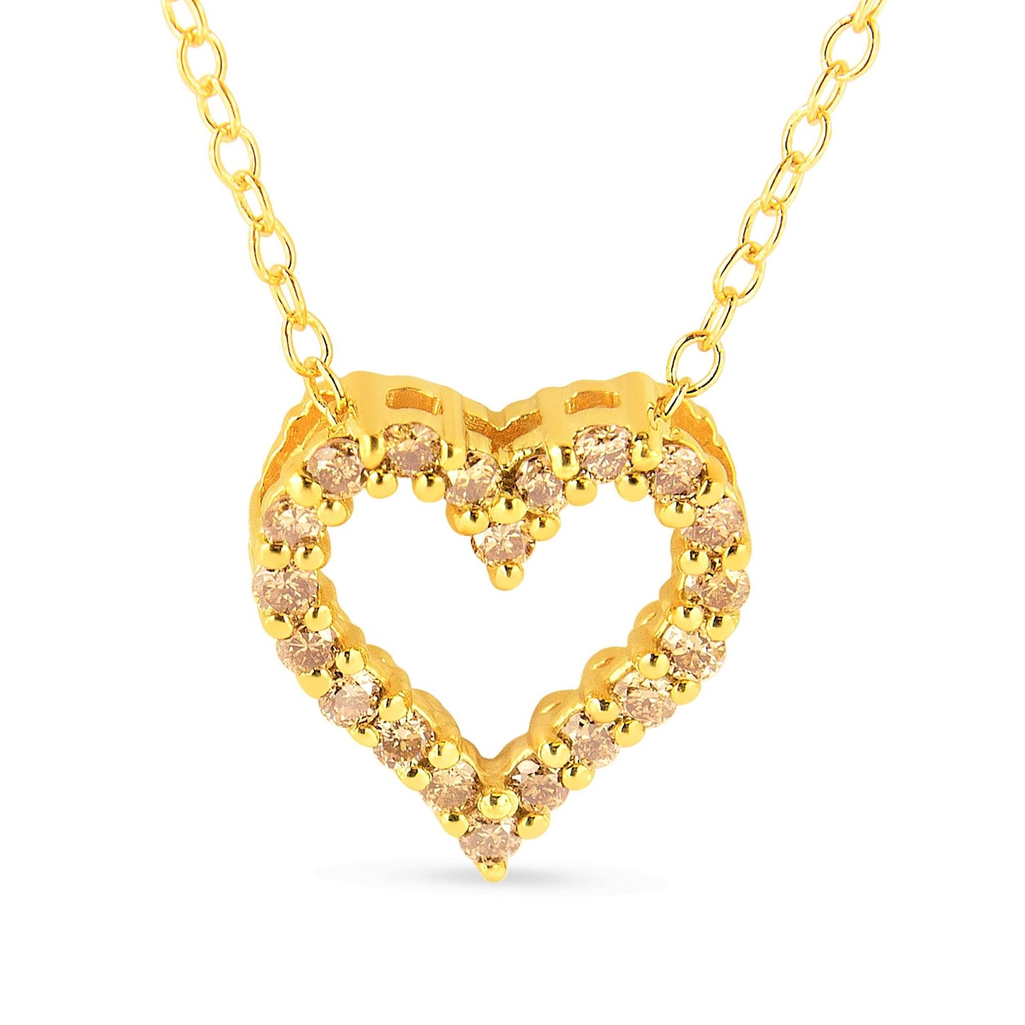 Front-facing shot of a yellow metal heart-shaped necklace pendant with round prong-set brownish gemstones along the outline.