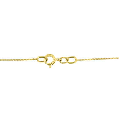 Close-up front view of a yellow metal necklace clasp with chain links, no gemstones visible.