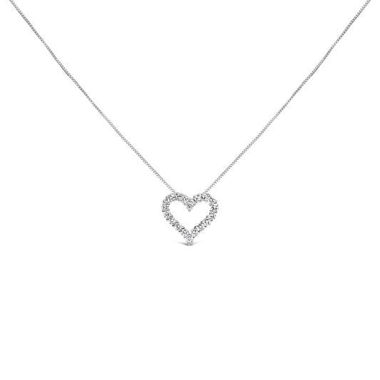 Front-facing view of a white metal necklace with a heart-shaped pendant outlined with round white gemstones in prong settings.