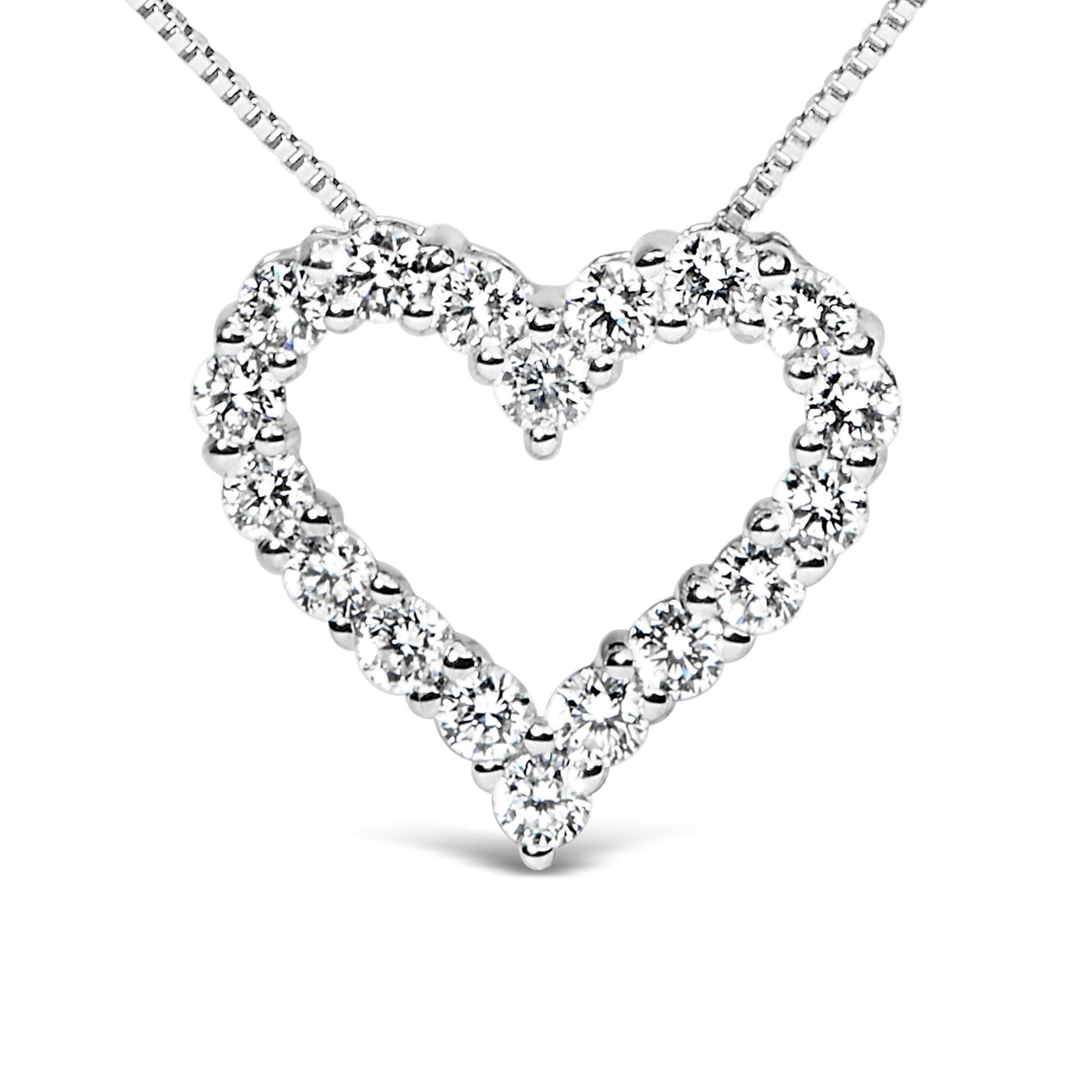 Front-facing close-up of a white metal heart-shaped necklace pendant set with round white gemstones in prong settings.