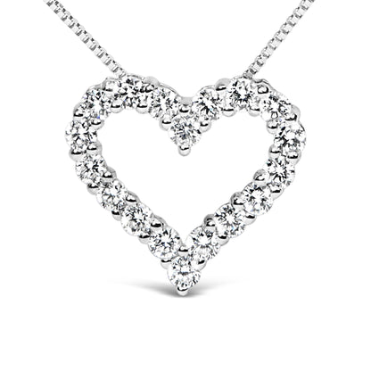 Front-facing close-up of a white metal heart-shaped necklace pendant set with round white gemstones in prong settings.