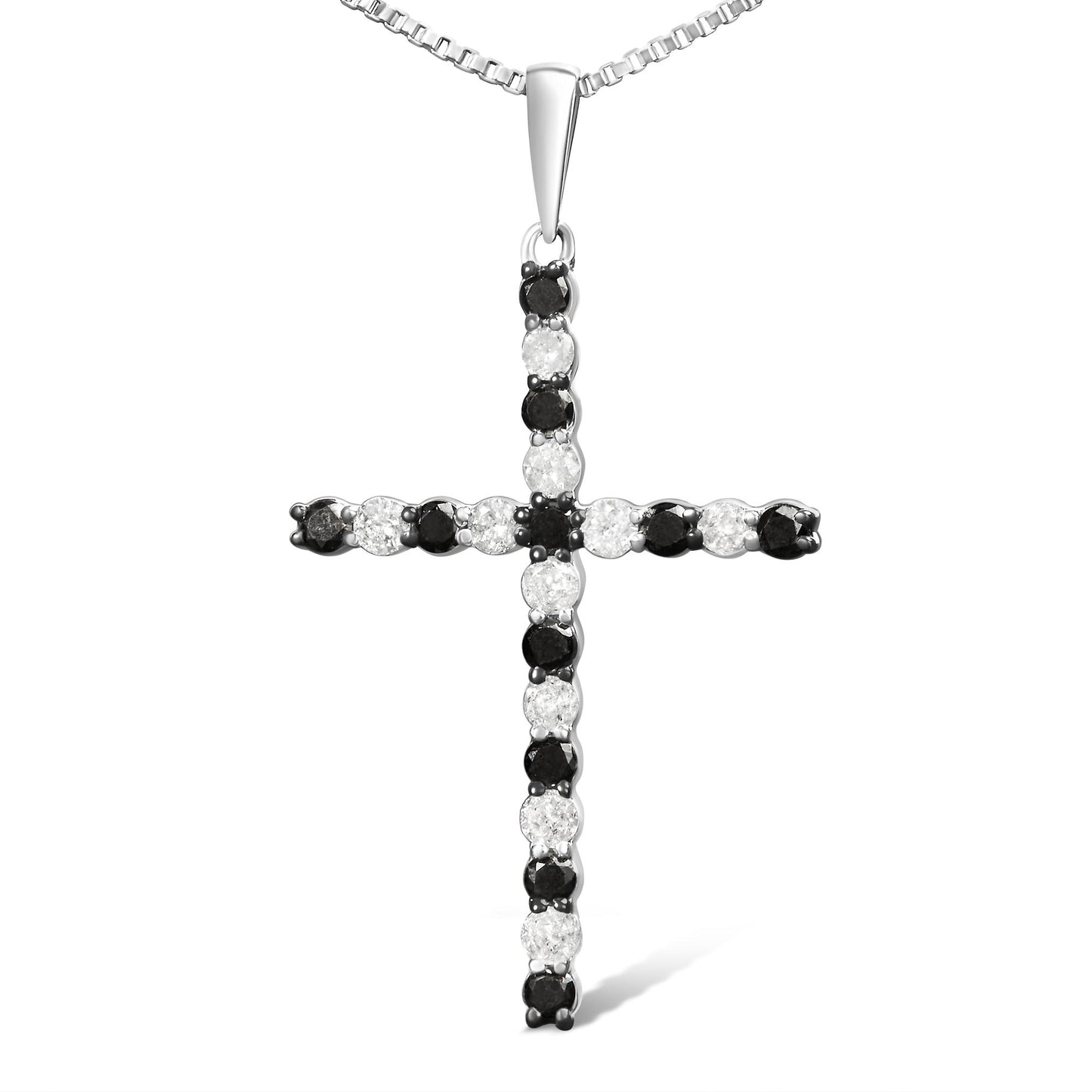 Front-facing image of a white metal cross necklace pendant set with alternating round white and black gemstones in prong settings.