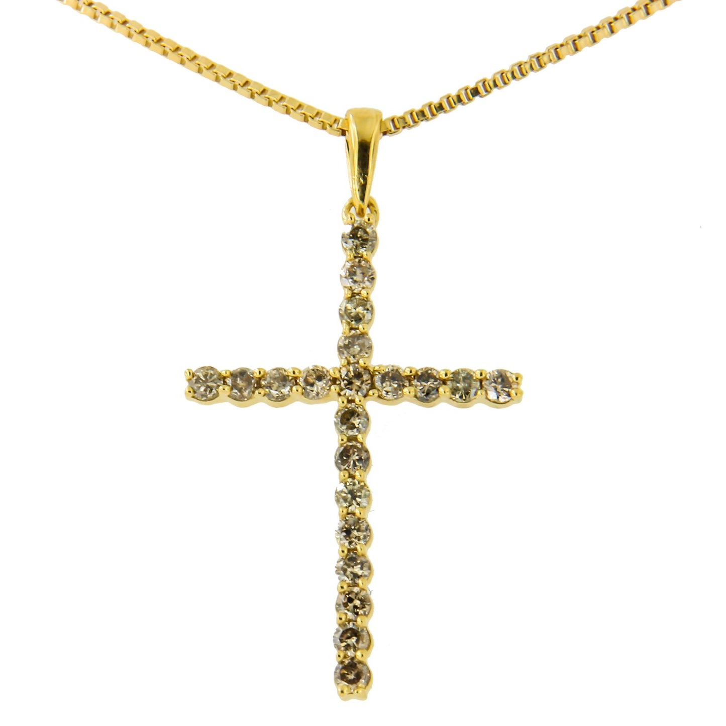 Front view of a yellow metal cross necklace pendant adorned with prong-set round brownish gemstones.