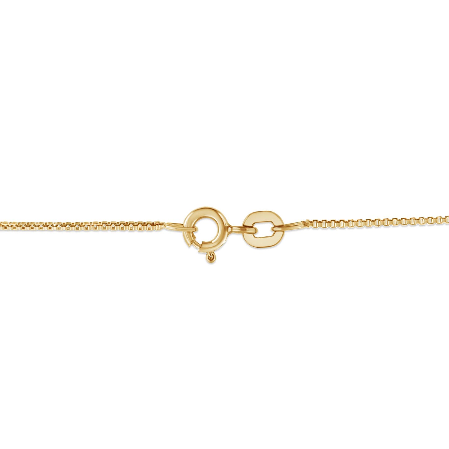 Close-up of a yellow metal necklace clasp viewed from the front on a white background.