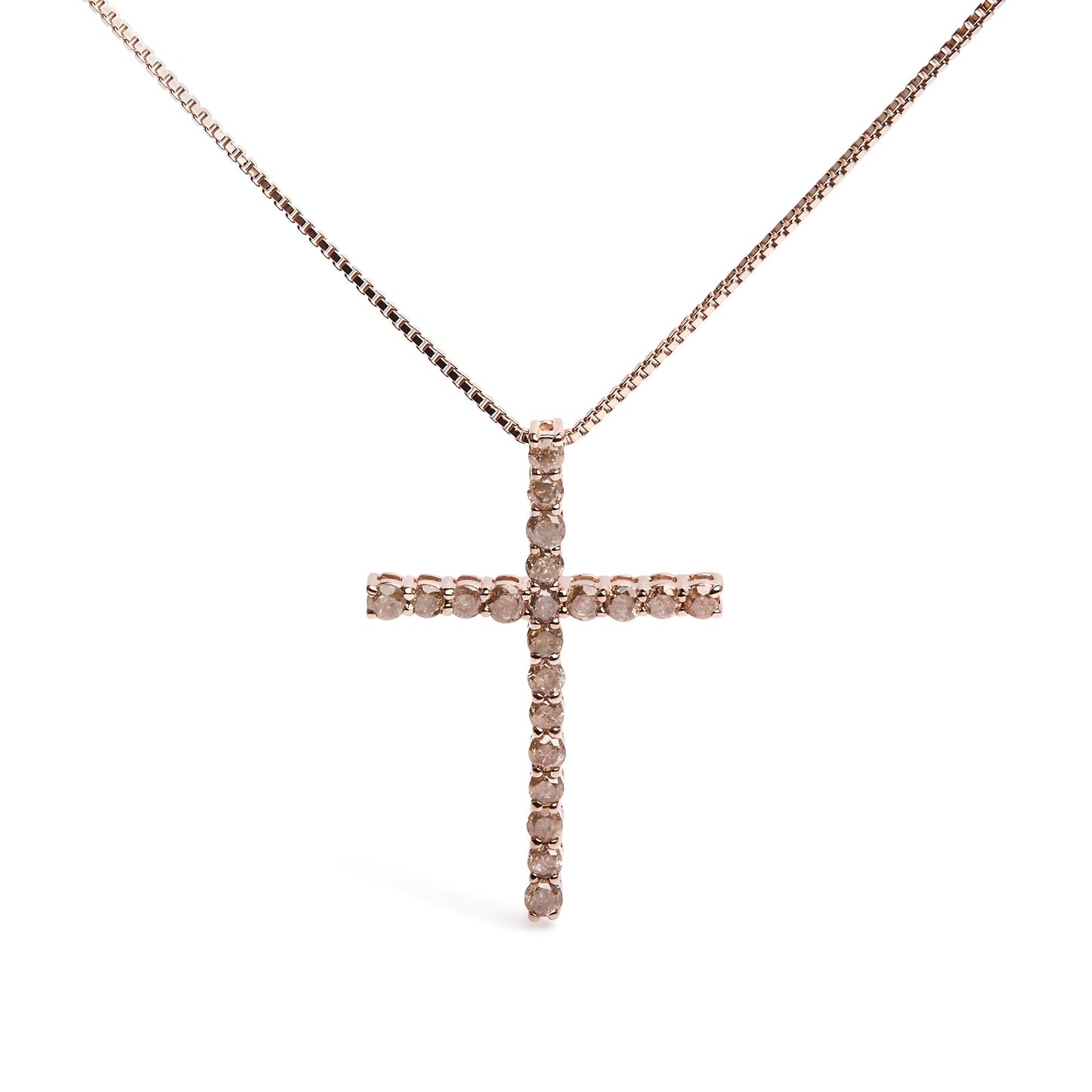 Front-facing shot of a rose-colored metal cross necklace pendant set with round champagne-colored gemstones in prong settings.