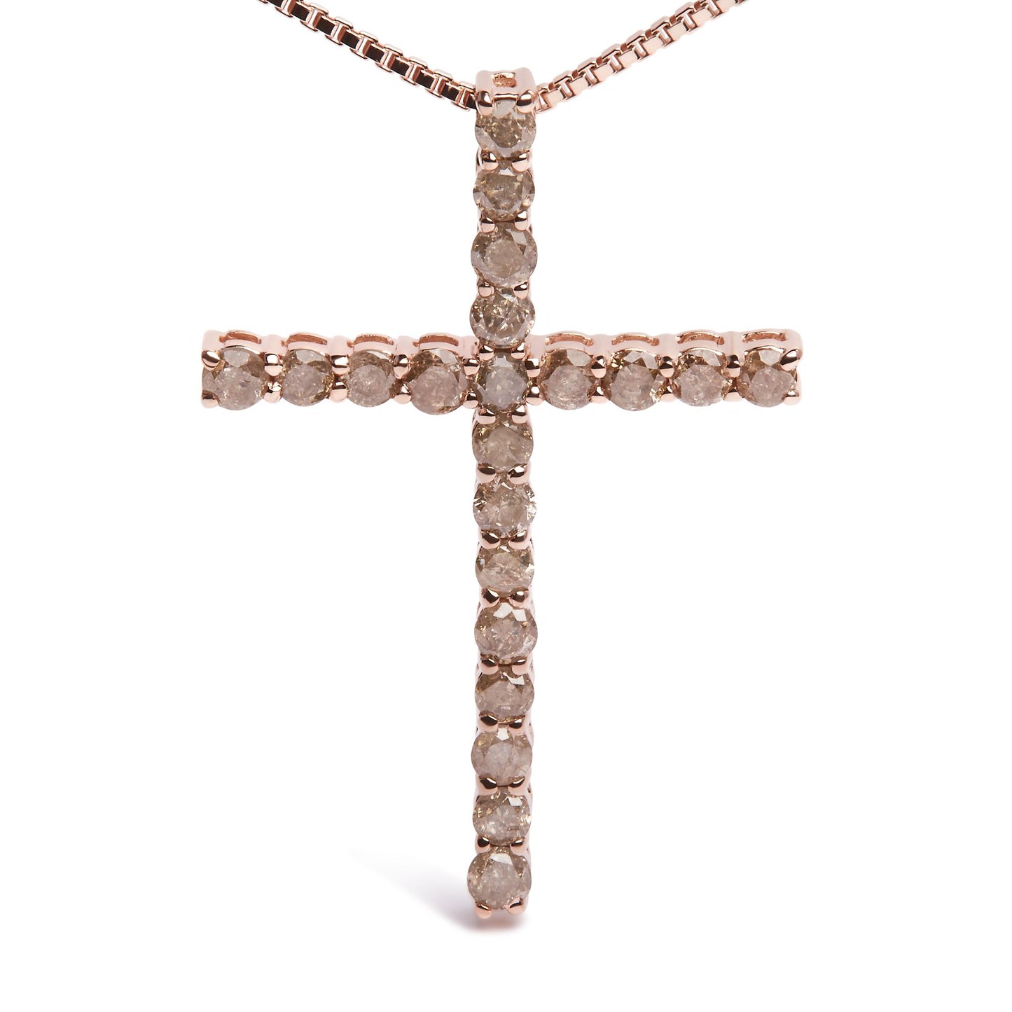 Front view of a rose metal cross necklace pendant with round champagne-colored gemstones in prong settings.