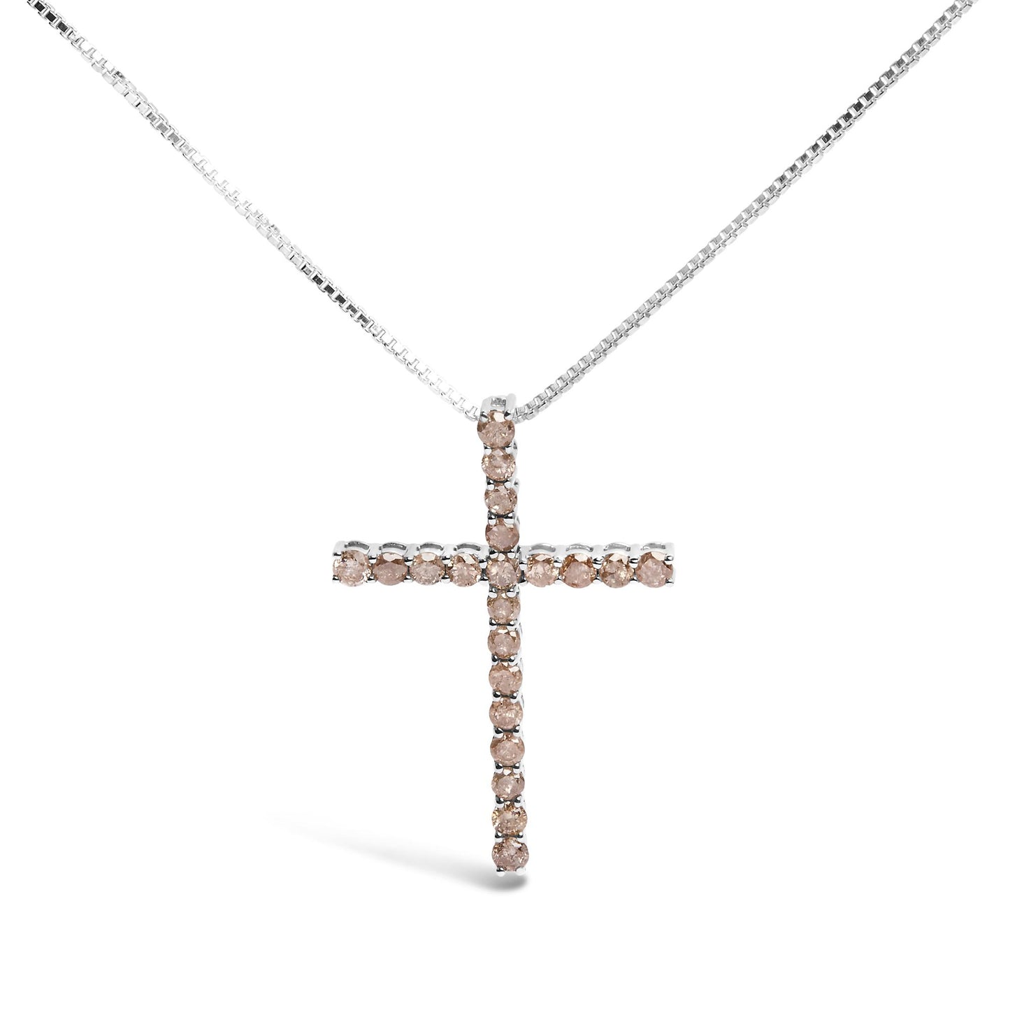 Front angle of a white metal necklace with a cross-shaped pendant set with round prong-set champagne-colored gemstones.