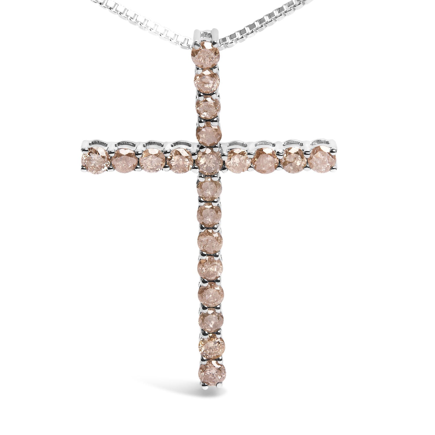 Front view of a white metal cross-shaped necklace pendant set with round champagne-colored gemstones in prong settings.
