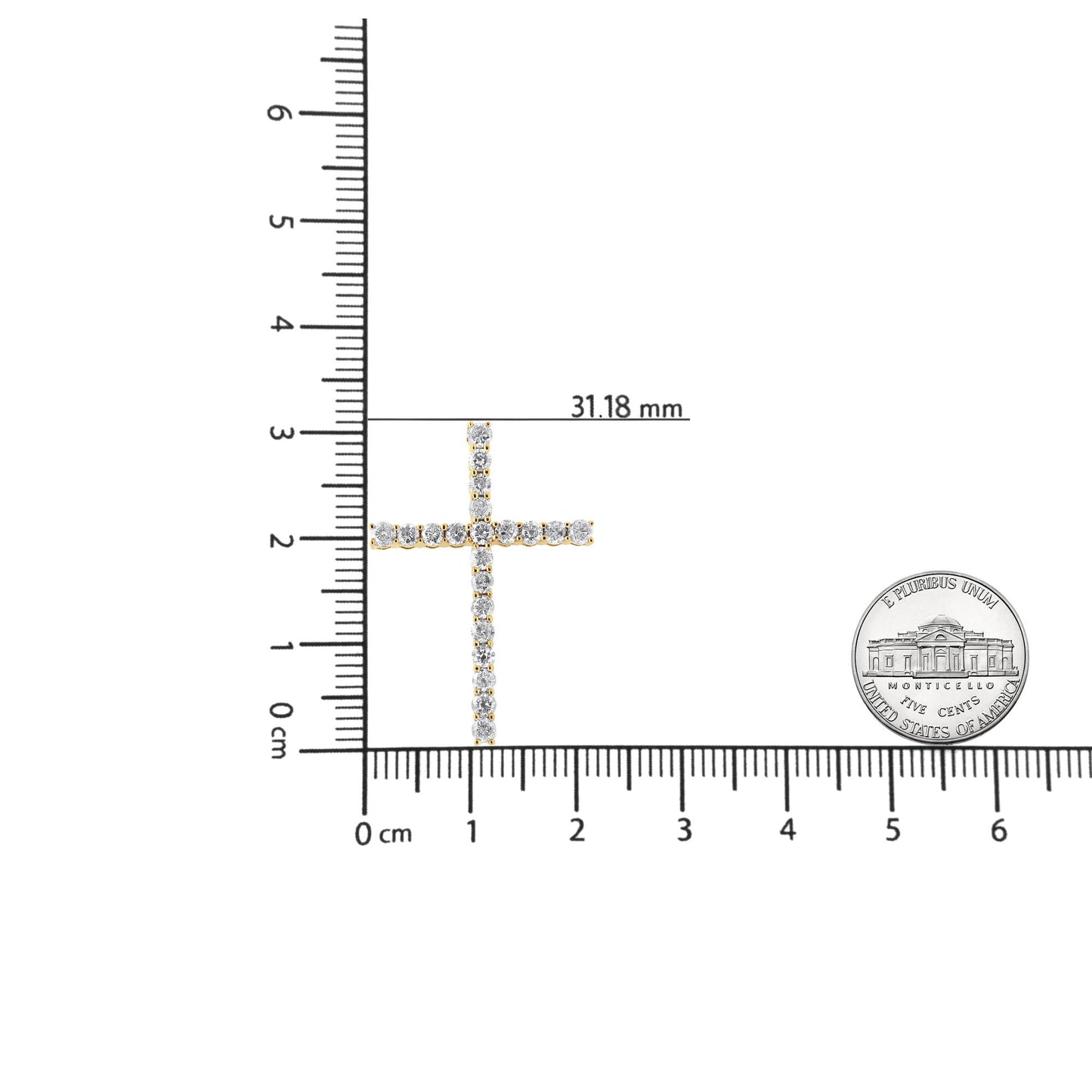 Top-down view of a yellow metal cross-shaped necklace pendant with round brownish prong-set gemstones, shown on a ruler and next to a coin for size reference.