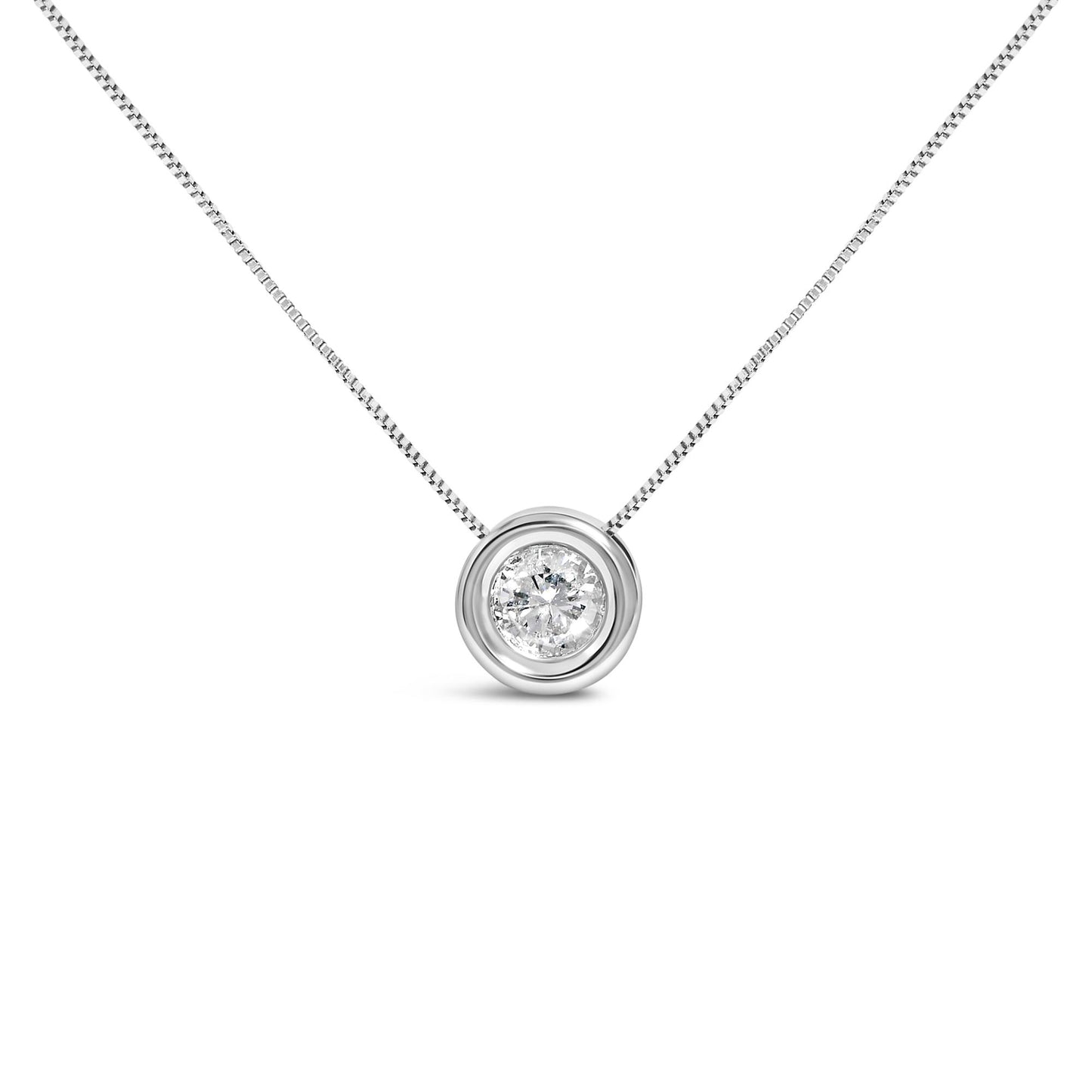 Front view of a white necklace with a round white gemstone set in a bezel setting pendant.