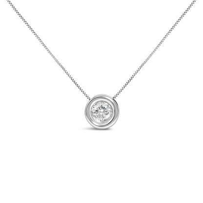 Front view of a white necklace with a round white gemstone set in a bezel setting pendant.