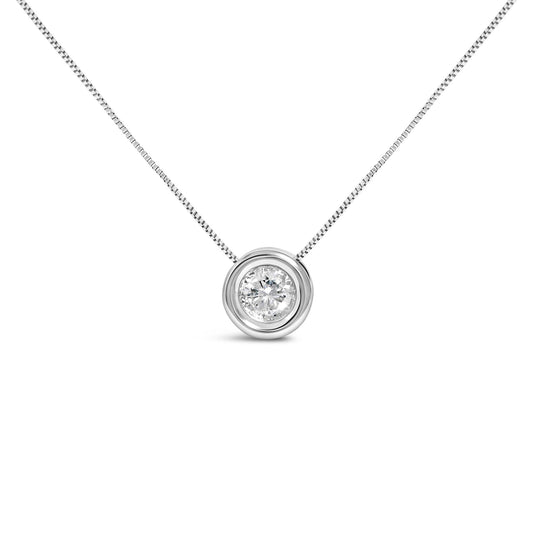 Front view of a white necklace with a round white gemstone set in a bezel setting pendant.