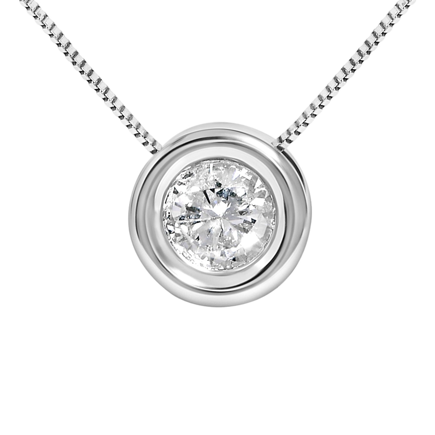 Close-up front view of a white necklace with a round white gemstone in a bezel setting pendant.