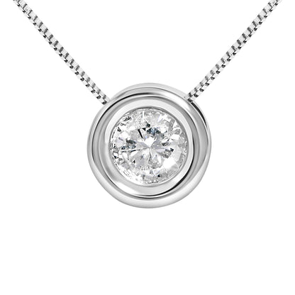 Close-up front view of a white necklace with a round white gemstone in a bezel setting pendant.