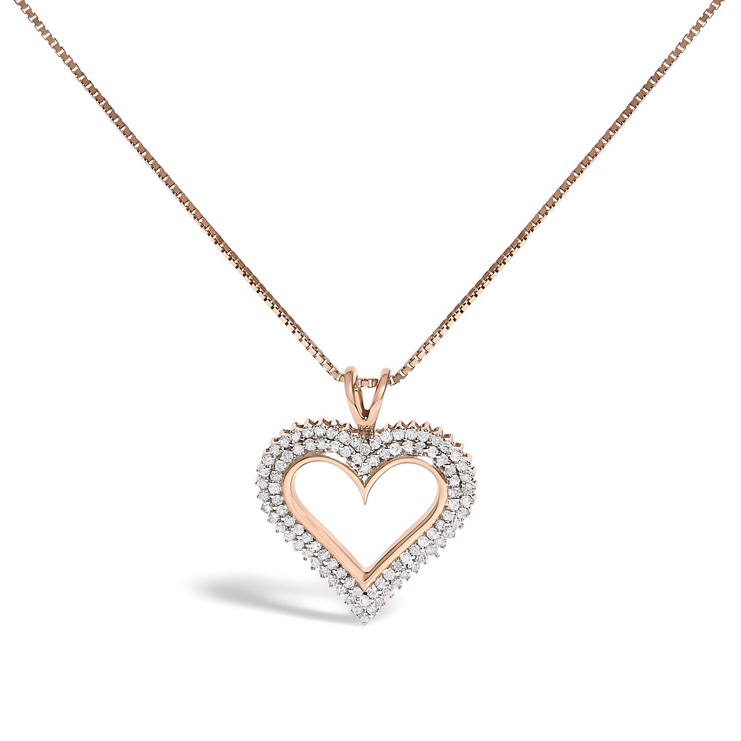 Rose metal heart-shaped necklace pendant with two rows of round white gemstones in prong settings, shown in a front-facing close-up view.