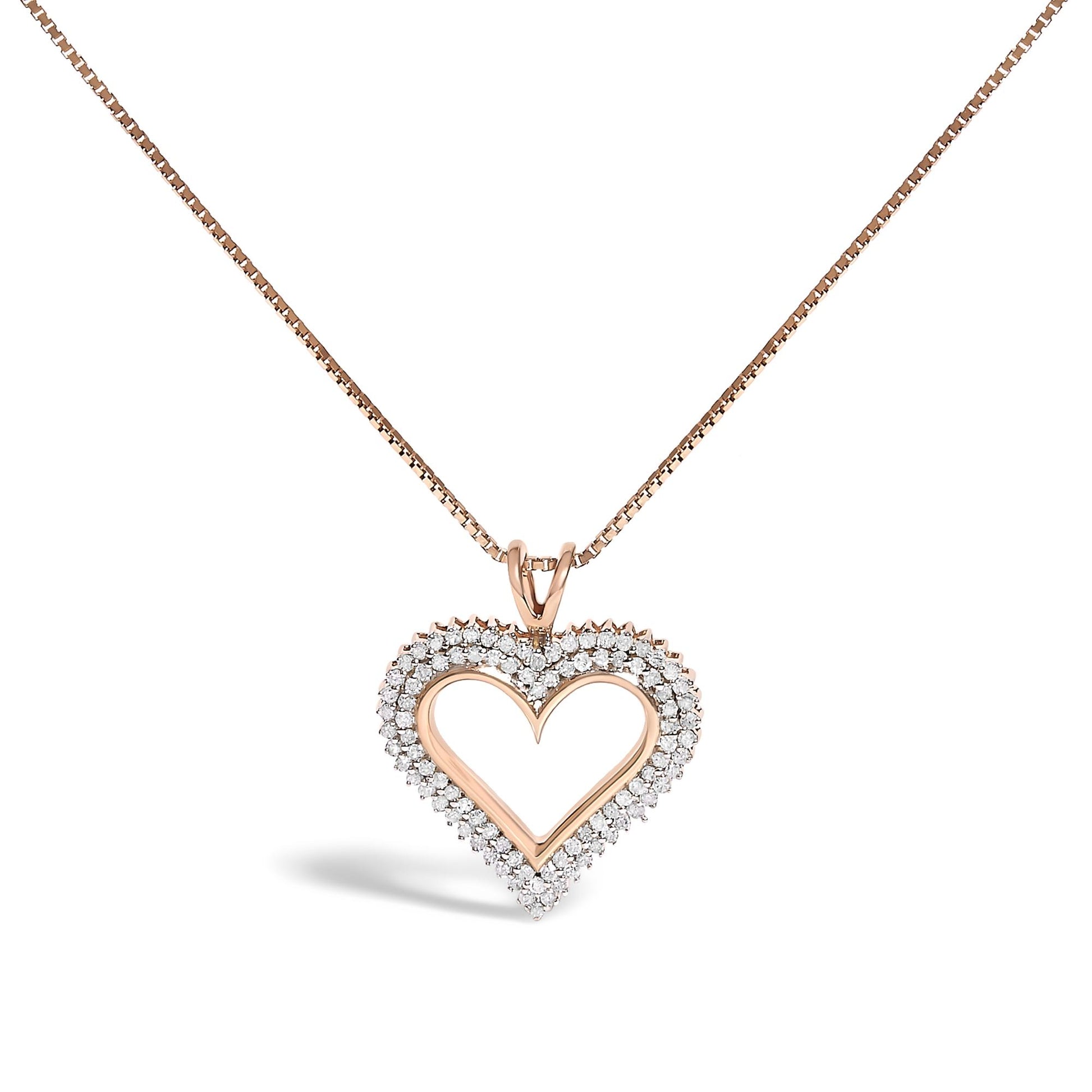 Rose metal heart-shaped necklace pendant with two rows of round white gemstones in prong settings, shown in a front-facing close-up view.
