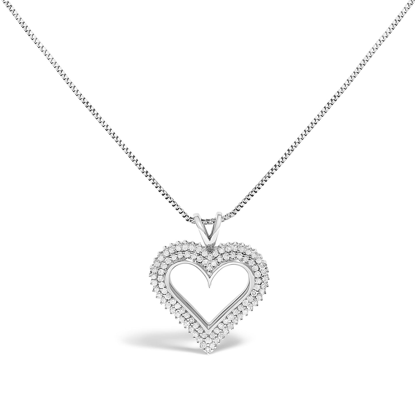 Front view of a white metal necklace with a heart-shaped pendant outlined with round white gemstones in prong settings.