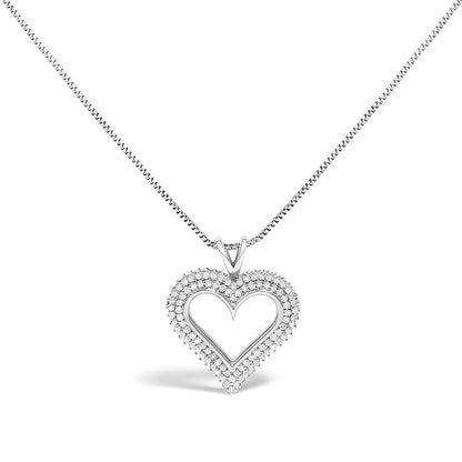 Front view of a white metal necklace with a heart-shaped pendant outlined with round white gemstones in prong settings.