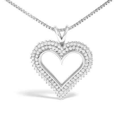 Front angled view of a white metal heart-shaped necklace pendant with round white gemstones in prong settings surrounding the open heart outline.