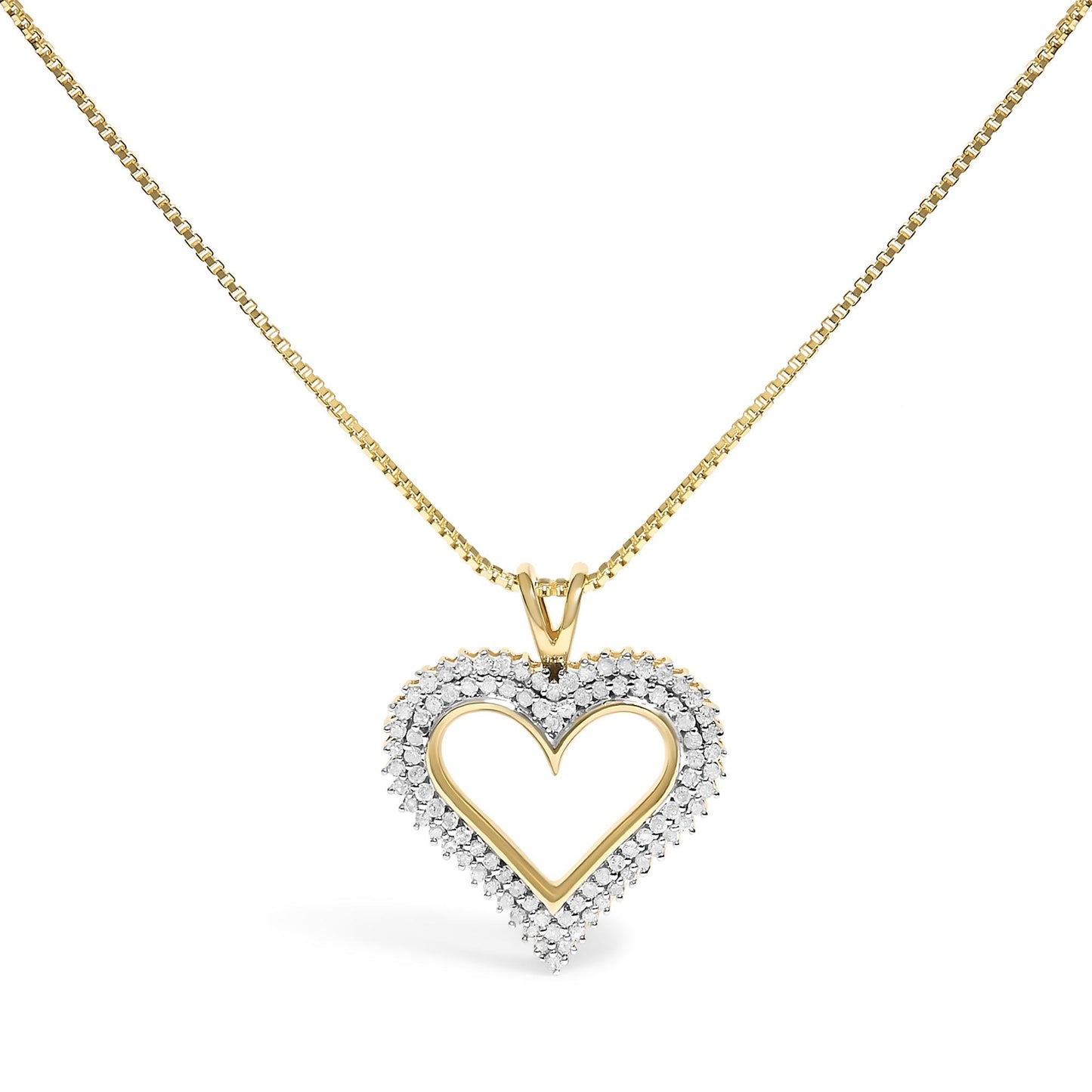 Front view of a yellow metal heart-shaped pendant necklace with white round gemstones set along the heart outline.