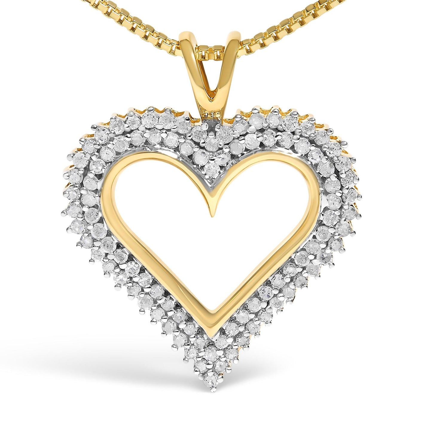 Front-facing close-up of a yellow metal heart-shaped necklace pendant adorned with prong-set round white gemstones outlining the heart.