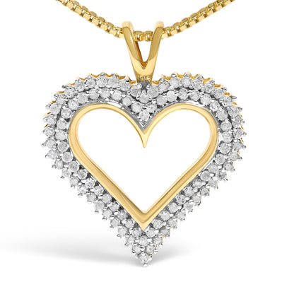 Front-facing close-up of a yellow metal heart-shaped necklace pendant adorned with prong-set round white gemstones outlining the heart.