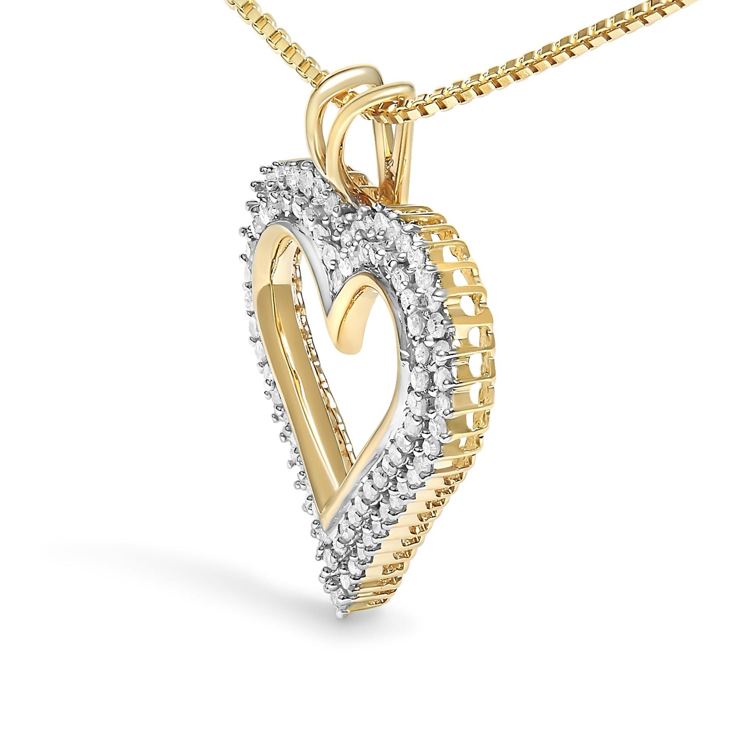 Yellow heart-shaped necklace pendant with white round gemstones in prong setting along the outer edge, shown at a slight angle.