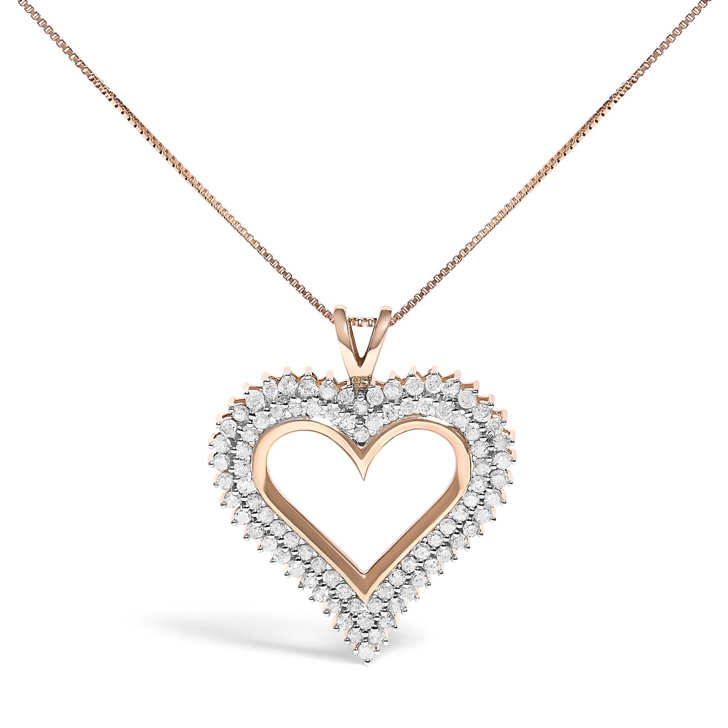 Front view of a rose metal heart-shaped necklace pendant outlined with white round gemstones in prong setting on a matching chain.