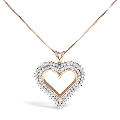 Front view of a rose metal heart-shaped necklace pendant outlined with white round gemstones in prong setting on a matching chain.