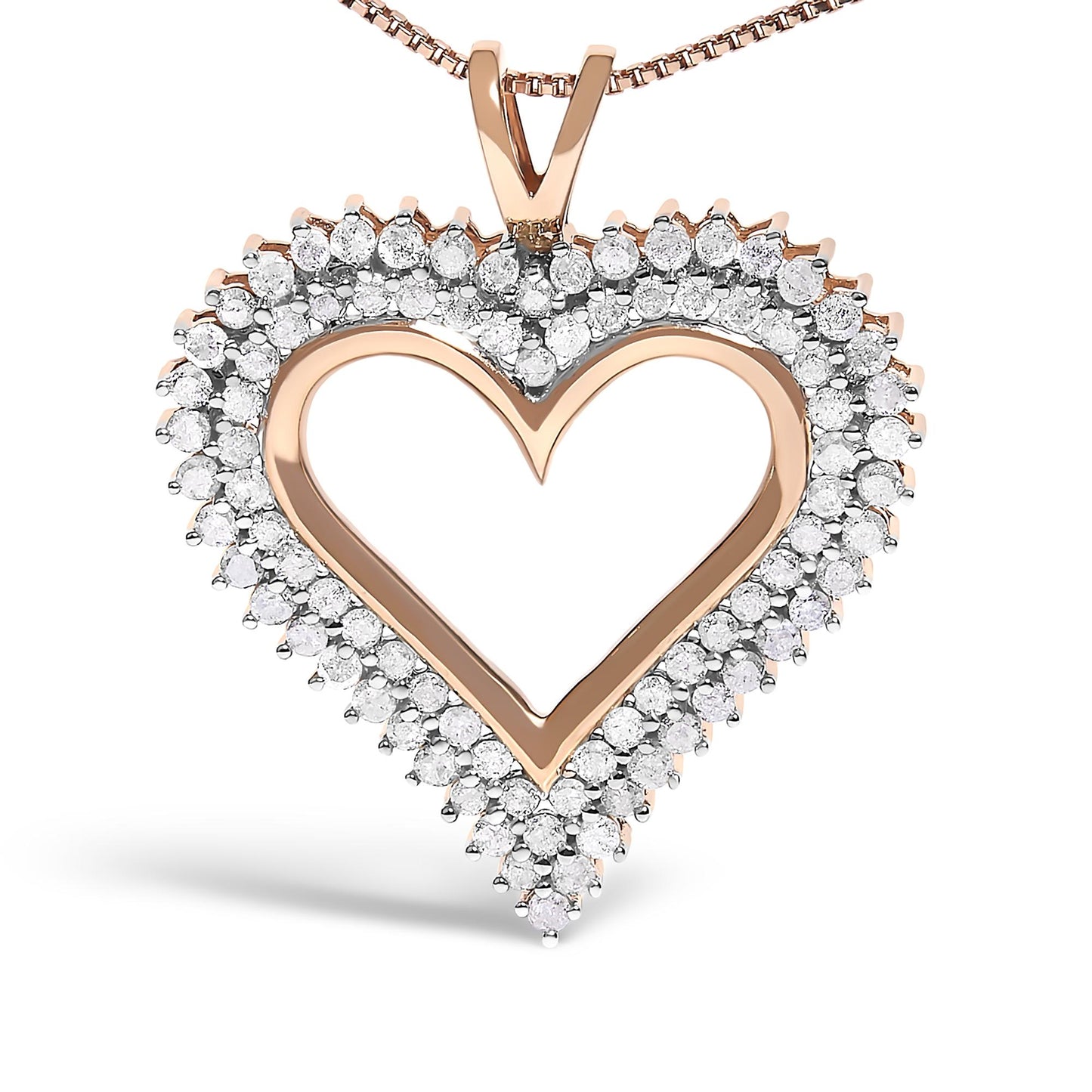 Close-up front angle of a rose-colored metal heart-shaped necklace pendant with an open center, bordered by prong-set round white gemstones.