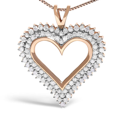 Close-up front angle of a rose-colored metal heart-shaped necklace pendant with an open center, bordered by prong-set round white gemstones.
