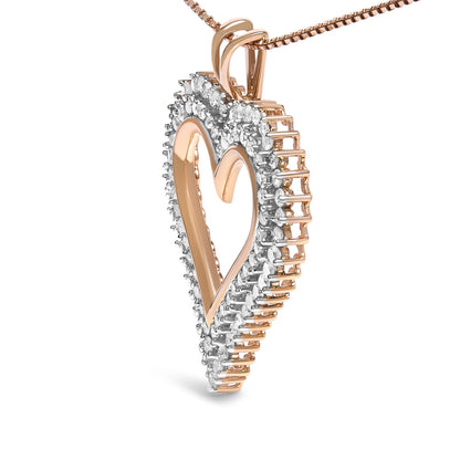 Close-up side angle of a rose metal heart-shaped necklace pendant outlined with prong-set round white gemstones.