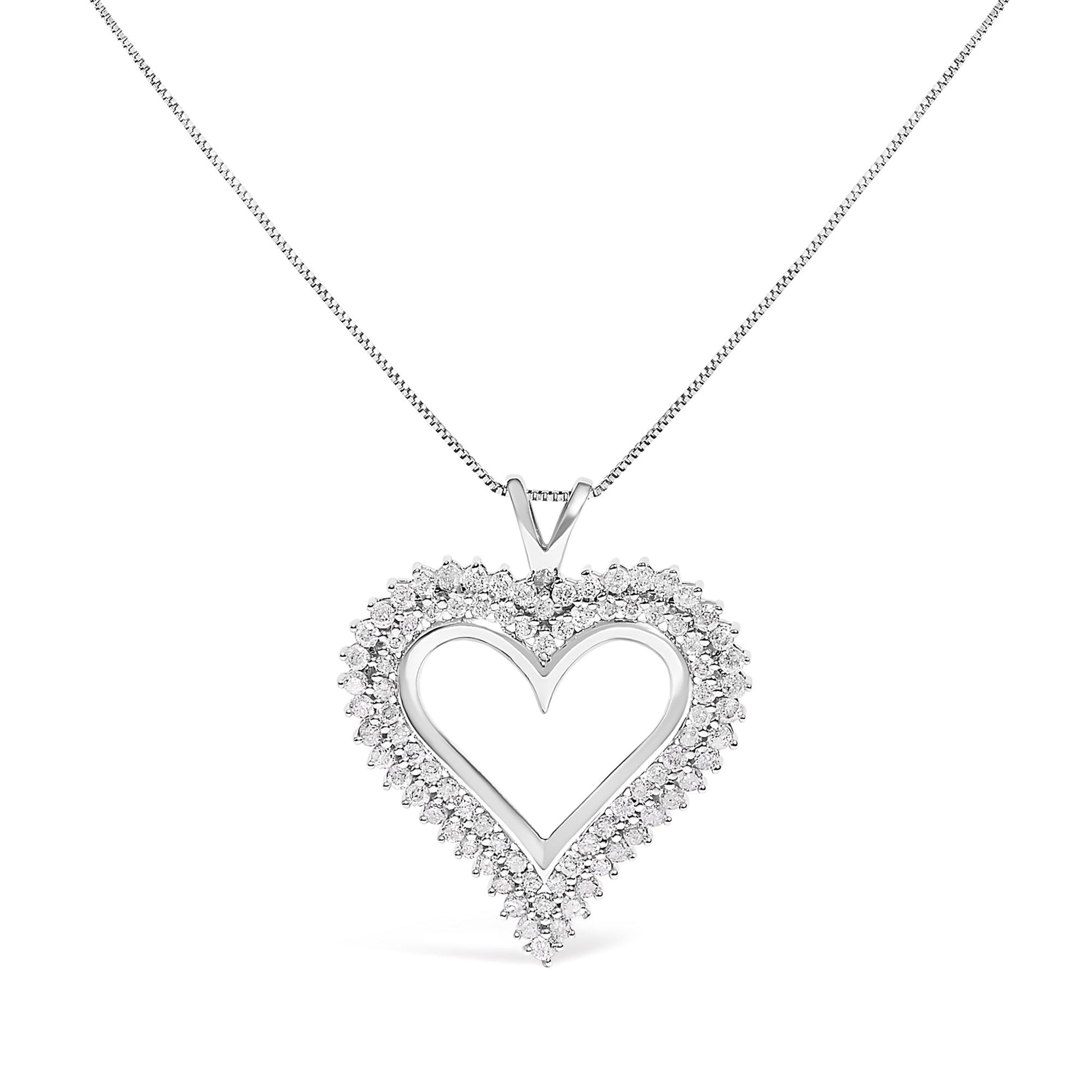 Front view of a white heart-shaped necklace pendant with two rows of round white gemstones in a prong setting on a white chain.