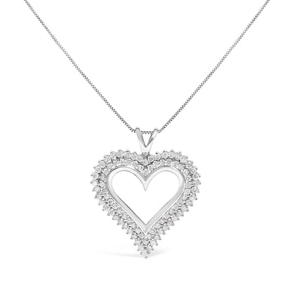 Front view of a white heart-shaped necklace pendant with two rows of round white gemstones in a prong setting on a white chain.