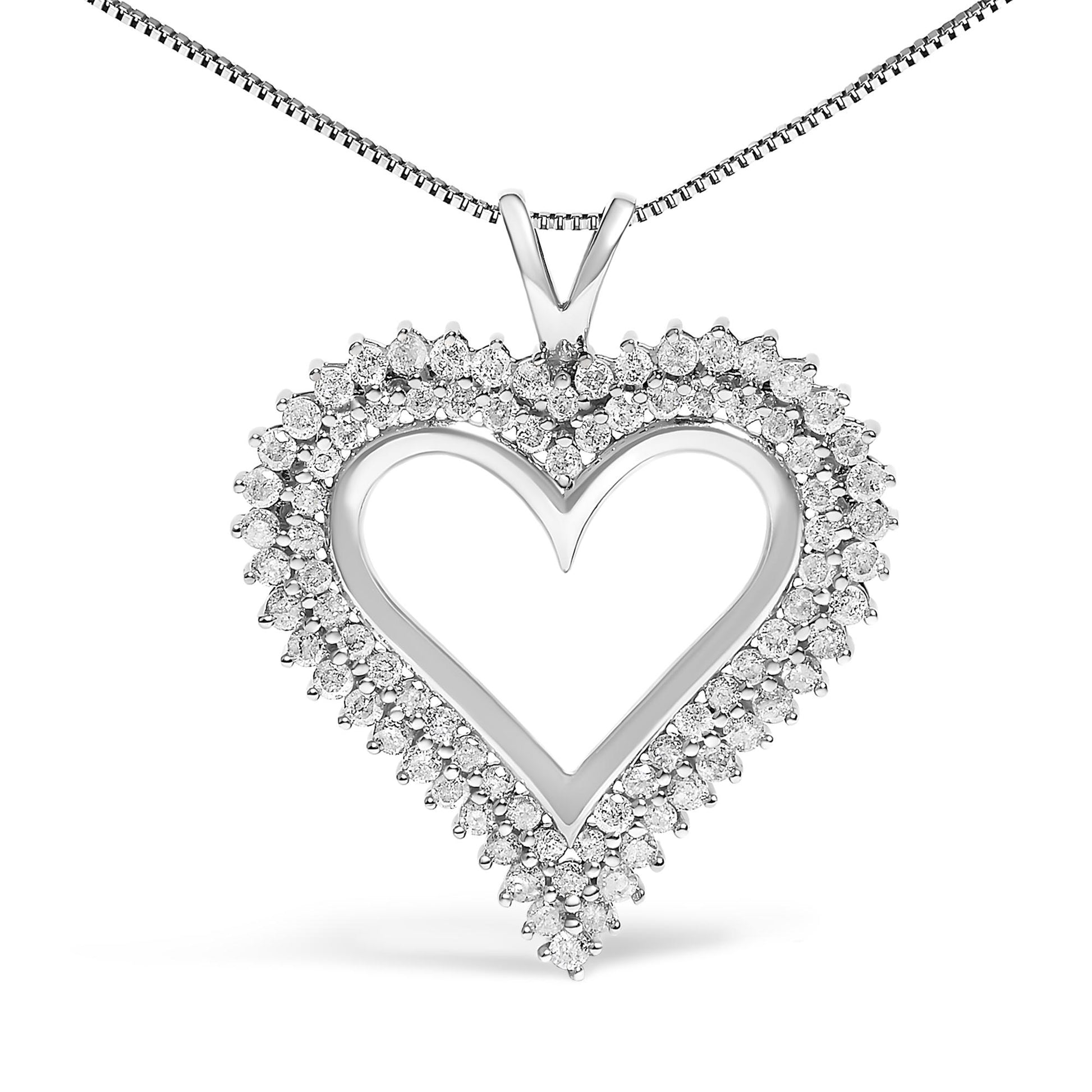 Close-up front view of a white metal heart-shaped necklace pendant adorned with round white gemstones in prong settings, hanging from a white metal chain.