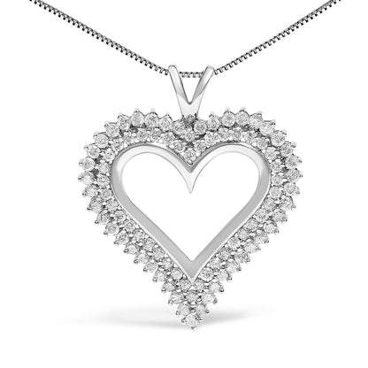 Close-up front view of a white metal heart-shaped necklace pendant adorned with round white gemstones in prong settings, hanging from a white metal chain.