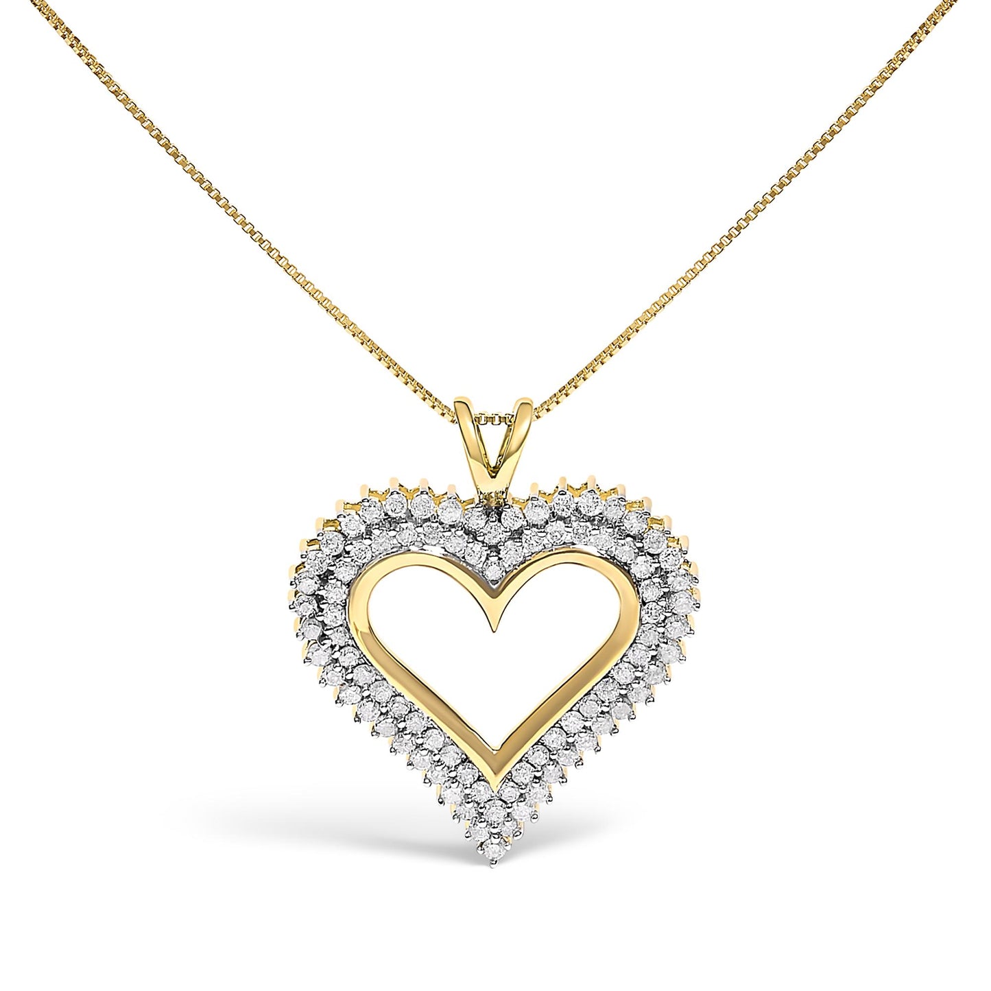 Front view of a yellow metal heart-shaped necklace pendant with a border of round white gemstones set in prongs, hanging from a yellow metal chain.