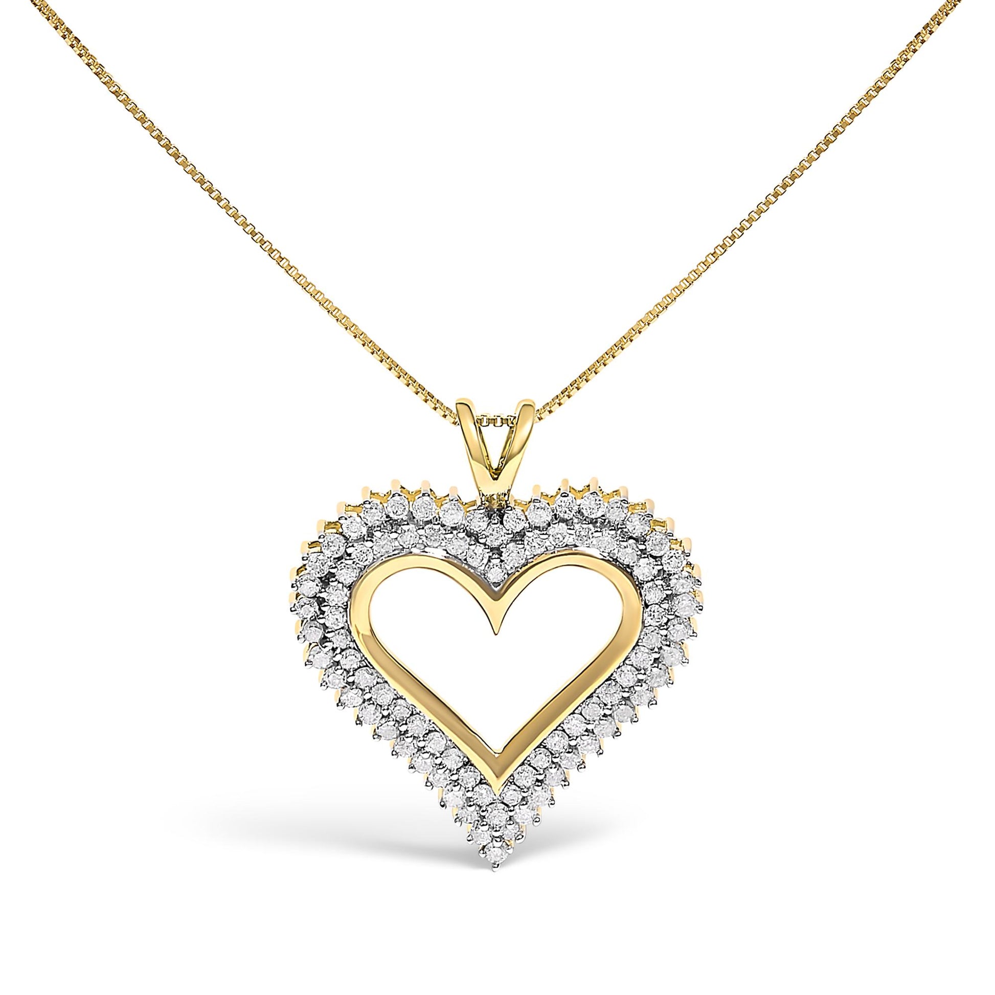 Front view of a yellow metal heart-shaped necklace pendant with a border of round white gemstones set in prongs, hanging from a yellow metal chain.