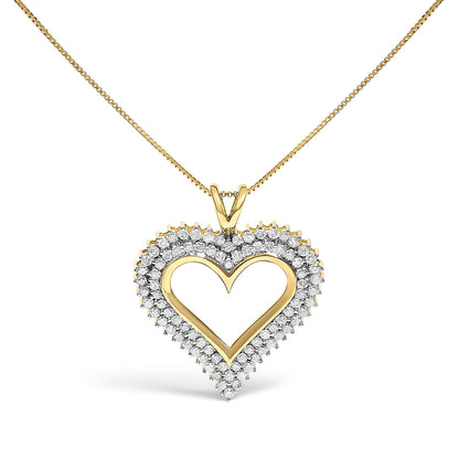 Front view of a yellow metal heart-shaped necklace pendant with a border of round white gemstones set in prongs, hanging from a yellow metal chain.