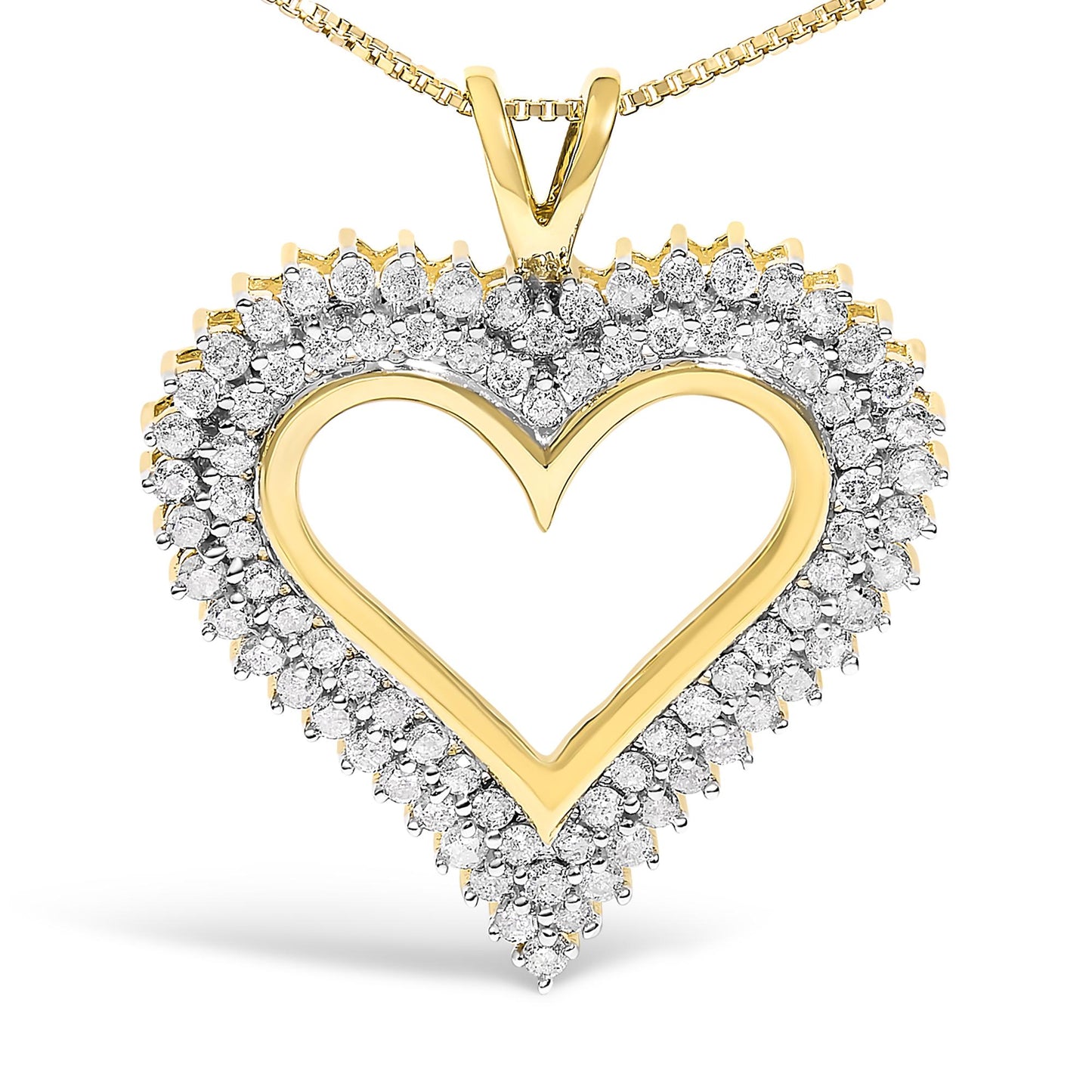 Front-facing close-up of a yellow metal heart-shaped necklace pendant with two rows of round white gemstones in prong settings.