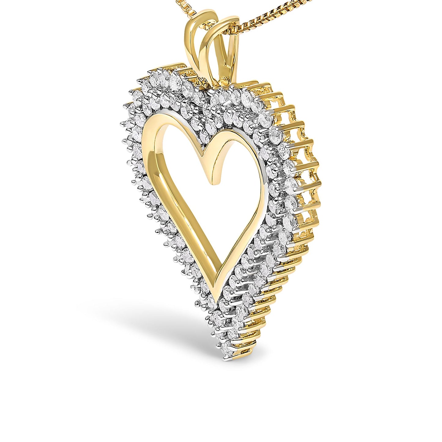 Close-up side angle of a yellow metal heart-shaped necklace pendant adorned with round white gemstones in prong settings along the edges.