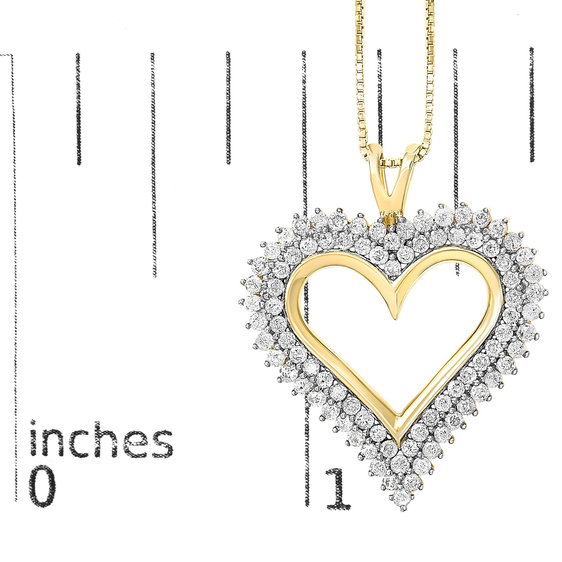 Close-up front angle of yellow necklace with heart-shaped pendant outlined by white round prong-set gemstones, shown on a ruler for size reference.