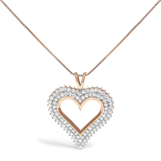Front view of a rose-colored heart-shaped pendant necklace with a border of round white gemstones in prong settings.