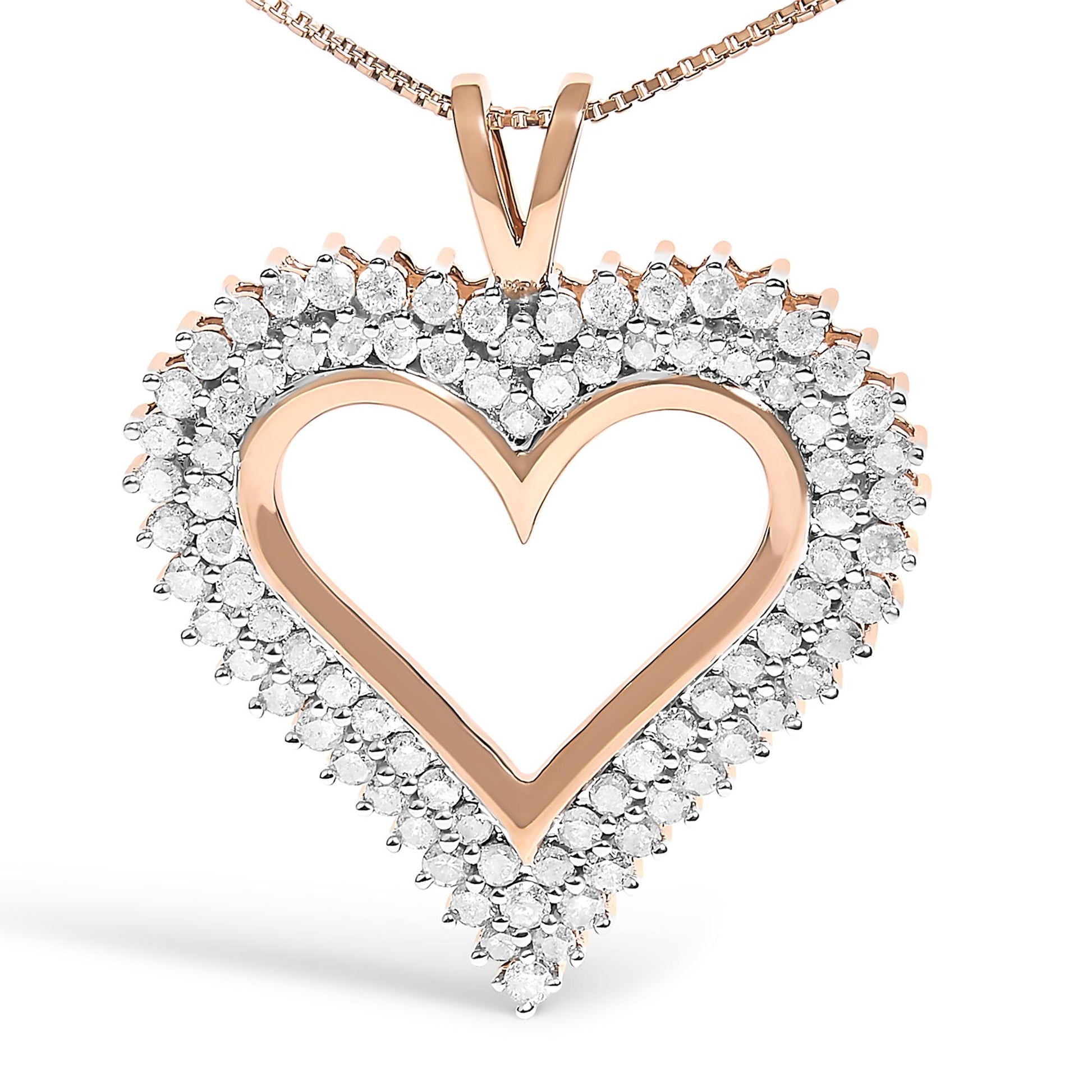 Close-up front angle of a rose-colored heart-shaped necklace pendant with an open center, adorned with round white gemstones in prong settings along the outer edge.