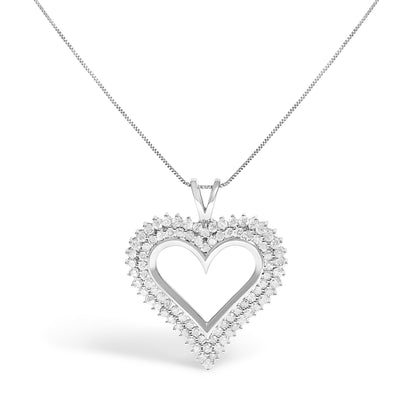 Front-facing shot of a white metal heart-shaped necklace pendant with two rows of prong-set round white gemstones, suspended on a thin chain.