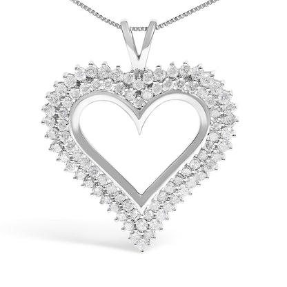 Front angle view of a white metal heart-shaped necklace pendant adorned with round white gemstones in prong settings along the outline, suspended from a delicate white metal chain.