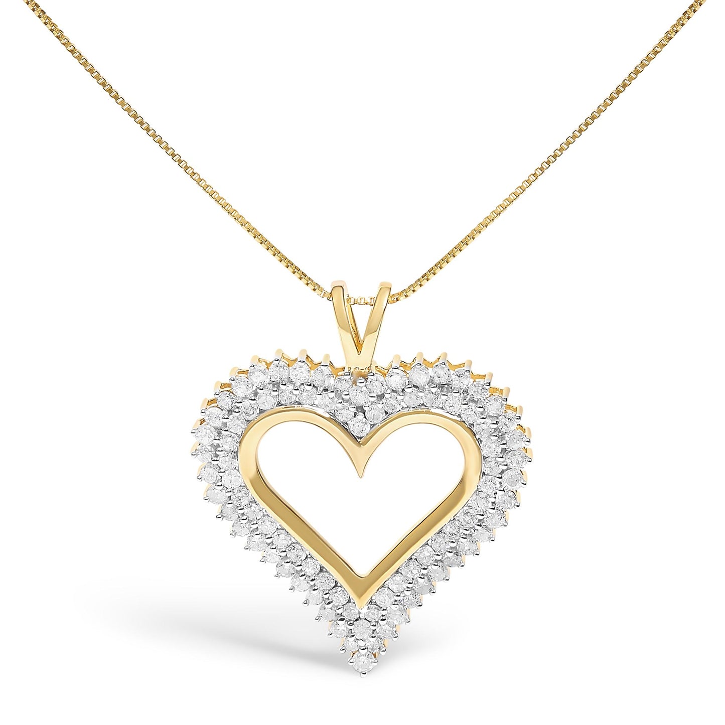 Front view of a yellow metal heart-shaped necklace pendant with two rows of round white gemstones in prong settings along the outer edge, hanging from a yellow metal chain.